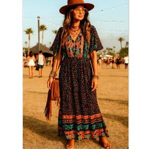 PrettyGarden Boho Paisley Maxi Dress S Festival Cottagecore Microfloral Eclectic